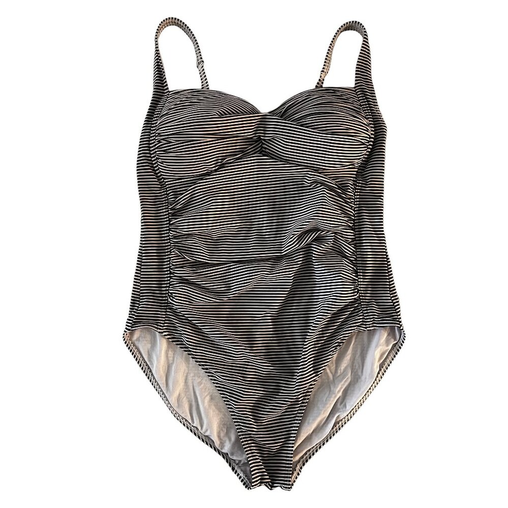 Bond-Eye Australia Black & Tan Mini Stripe Ruched One-Piece Swimsuit Sz …